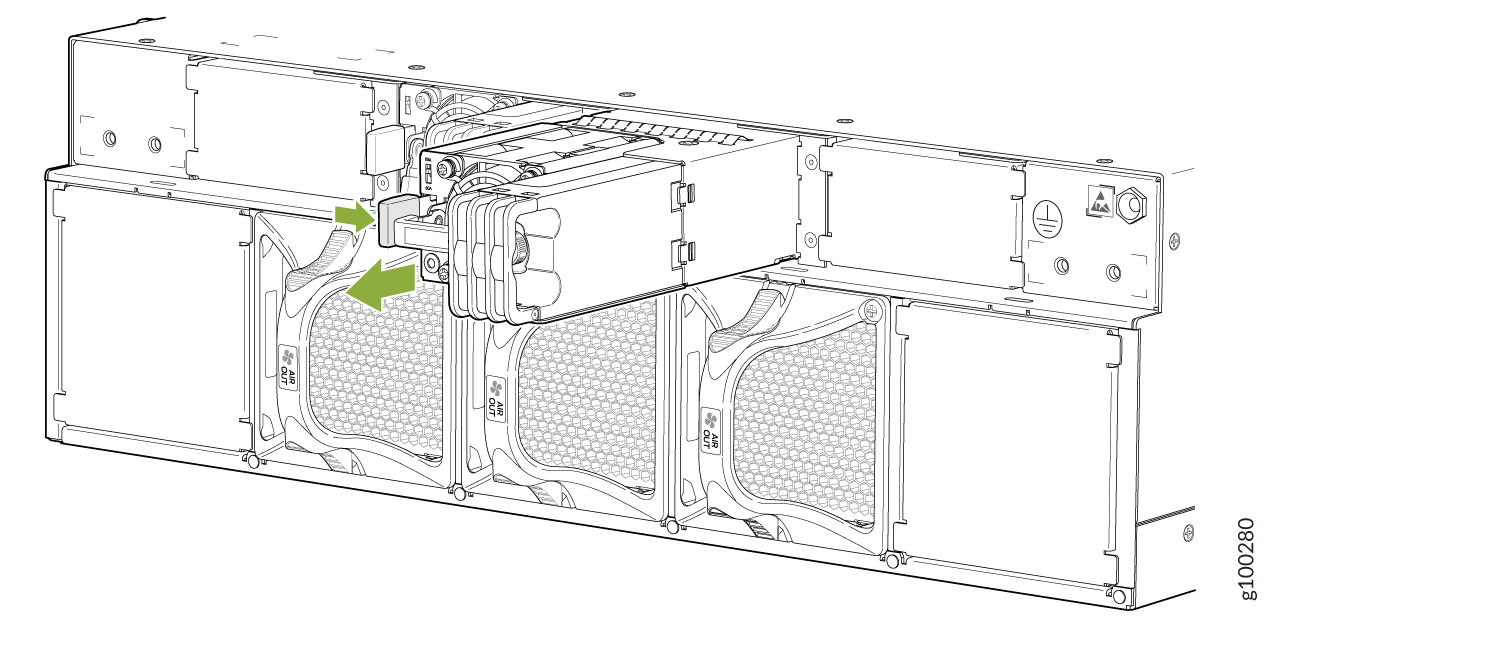 Server chassis illustration showing cooling system with green arrows for airflow direction and highlighted modular component.