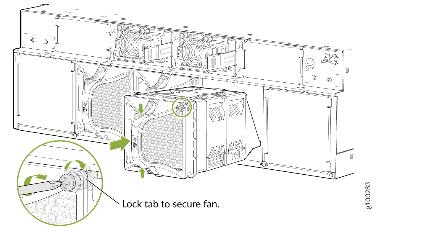 Installation of a fan in a server enclosure. Insert fan into slot and turn lock tab with tool to secure.