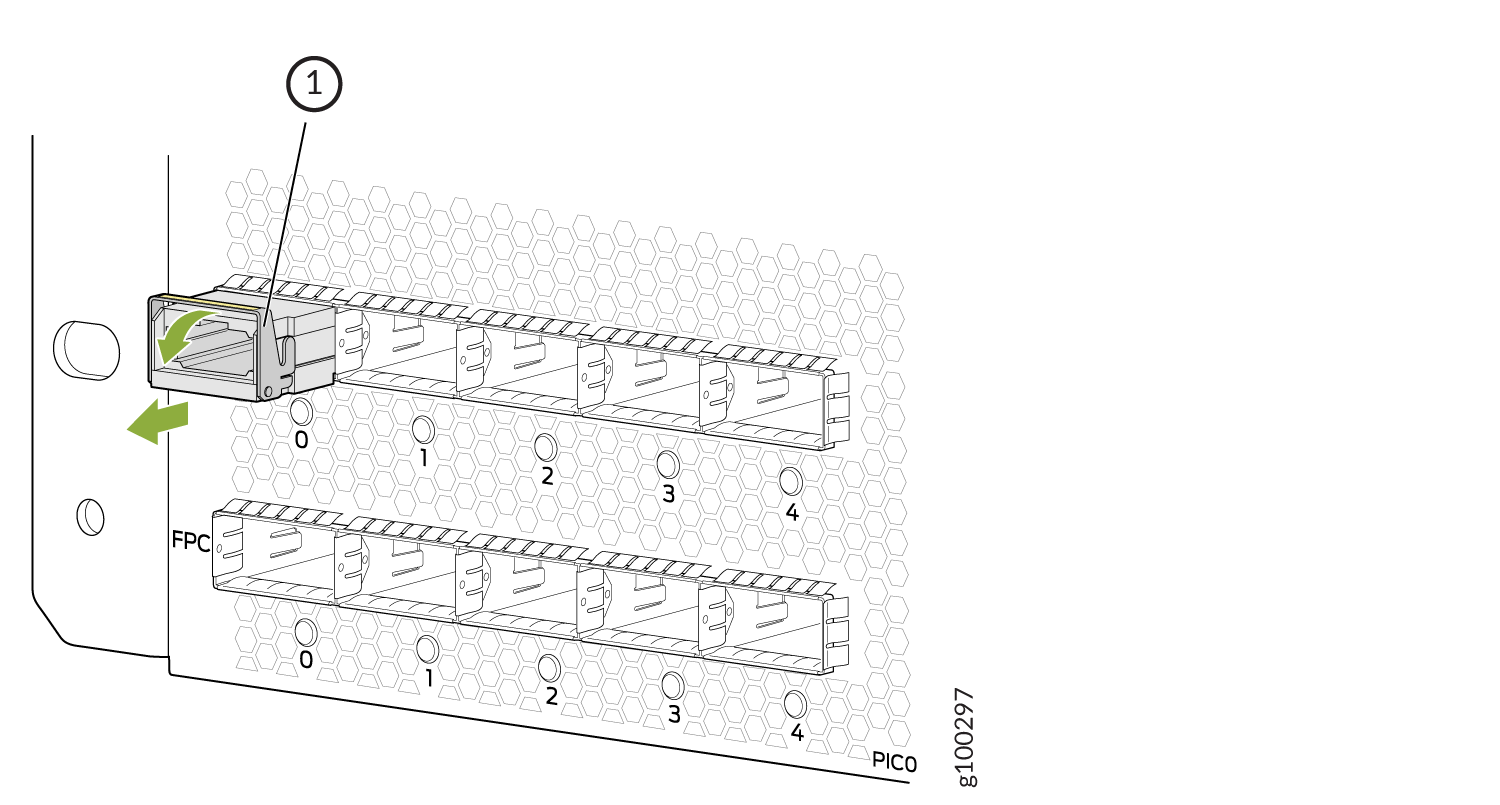 Modular panel with slots 0-4; module being inserted in slot 1 with green arrows indicating movement direction; labeled FPC and PICO.