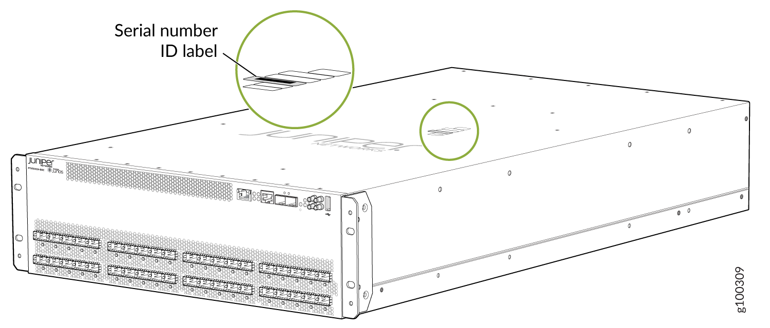 Juniper Networks device with serial number ID label location and multiple front panel ports for rack mounting in data center.