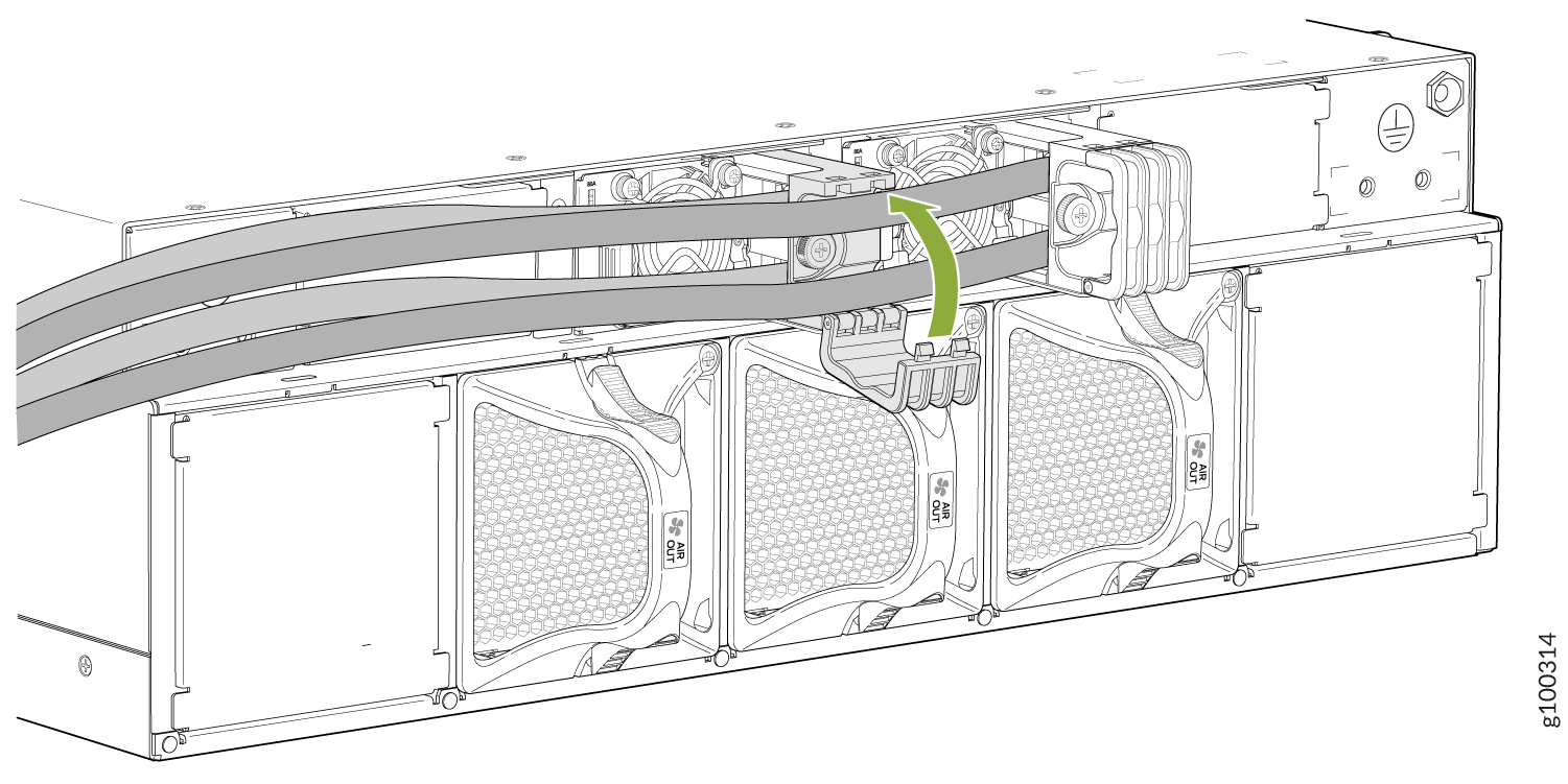 Rear view of server chassis with cooling fans, airflow indicators labeled Air Out, and cable management components. Green arrow suggests cable routing step.