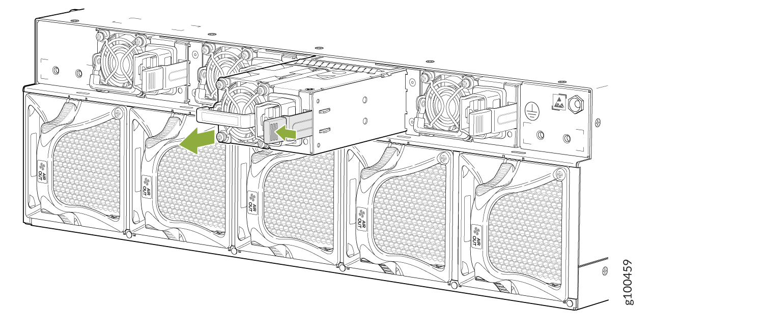 Technical illustration of server chassis showing PSU removal with green arrow for direction and cooling fans below.
