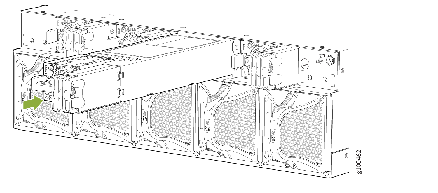 Technical illustration of server equipment showing a power supply module and cooling system with a green arrow highlighting a connection point.