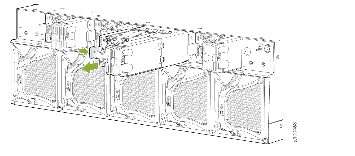 Technical illustration of a server cooling system with modular hot-swappable fan units and green arrows indicating fan module removal or insertion.