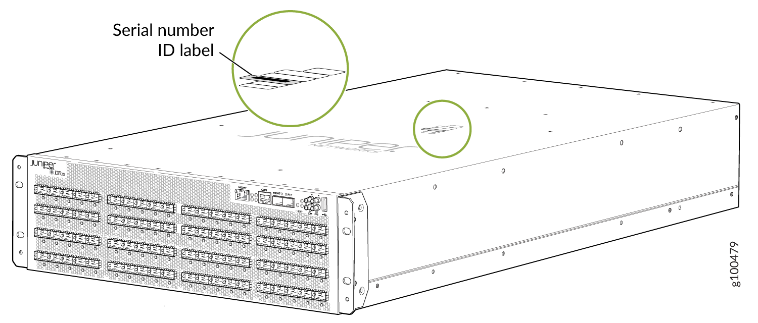 Juniper Networks router front panel with multiple ports and Junos OS logo. Zoomed view highlights Serial number ID label location.