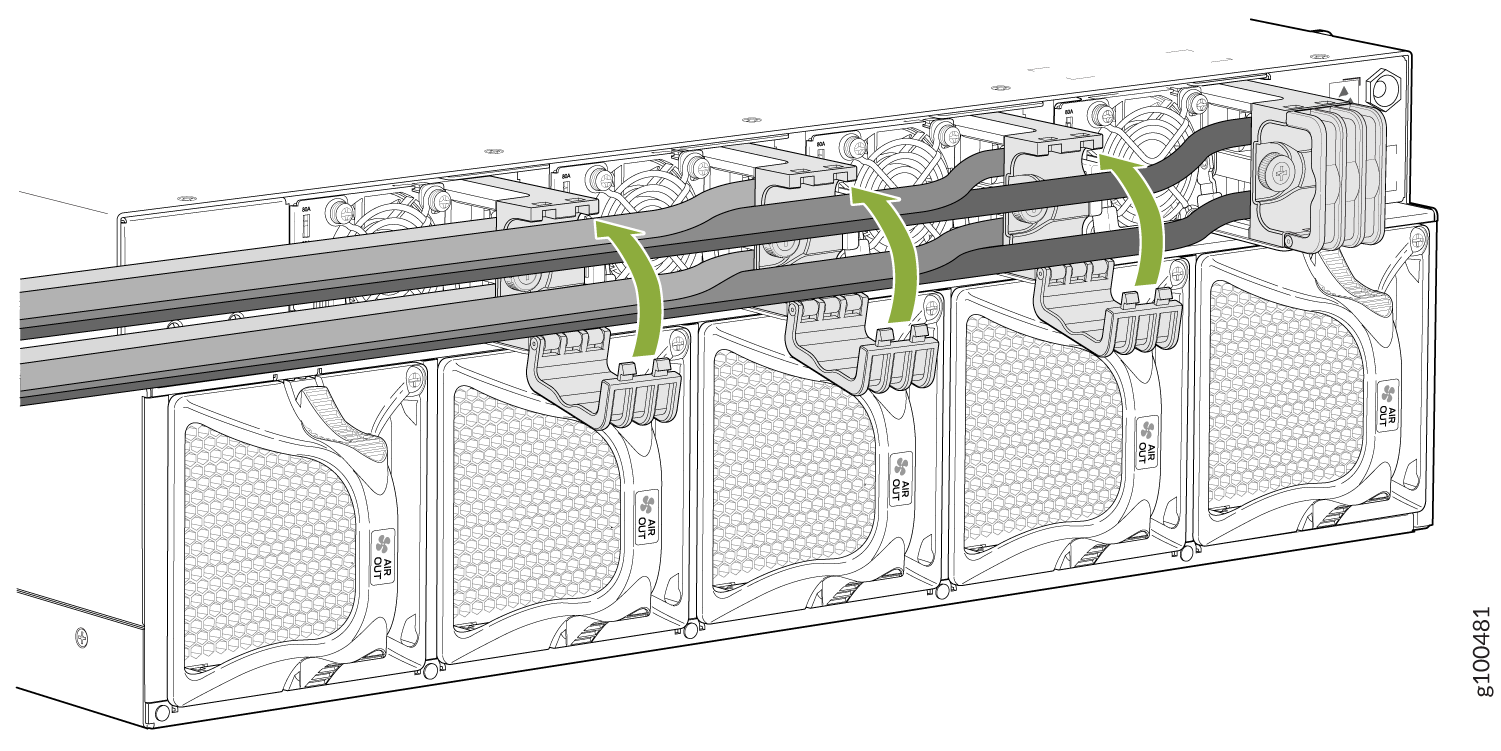 Cooling system illustration with airflow direction labeled AIR OUT on fans. Green arrows show cable routing path secured by clips.