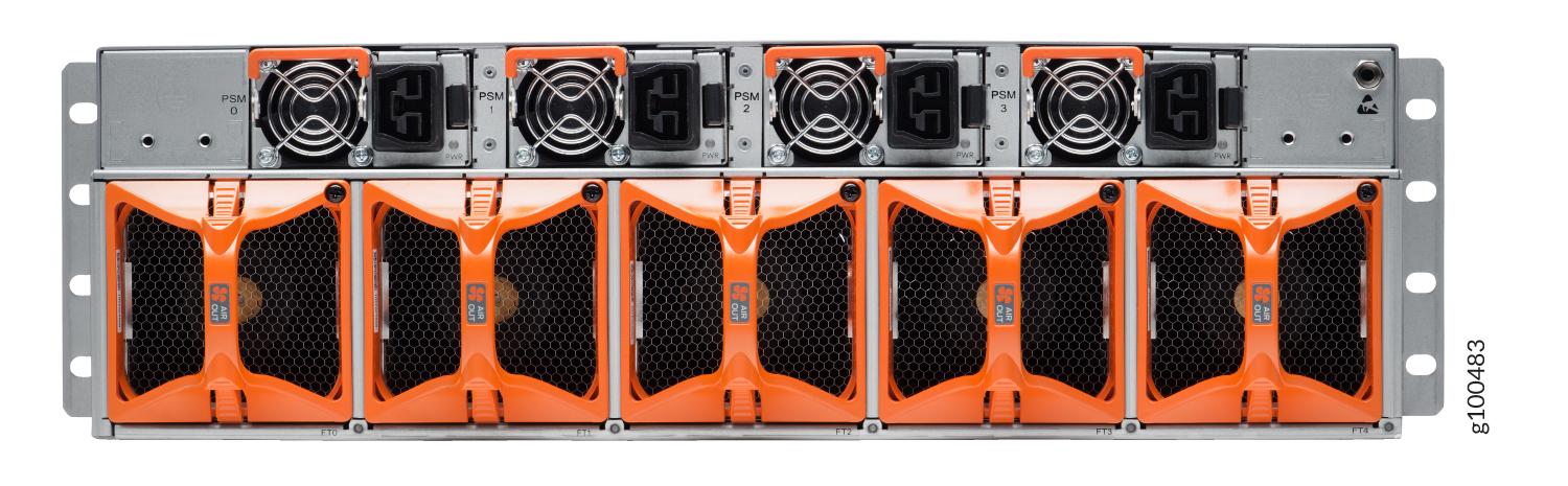 Rear view of a high-performance server chassis showing four power supply modules with fans and five orange fan trays for cooling.