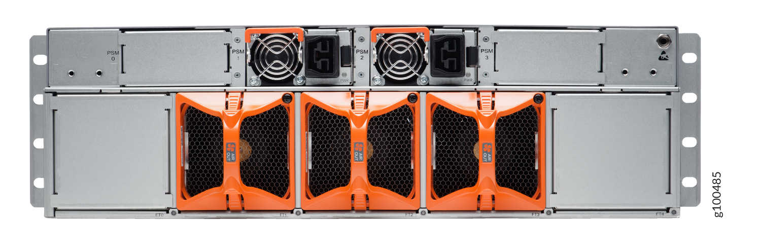 Rear view of enterprise-grade server with redundant power supply modules PSM 0-3, orange cooling fans, and drive bays.