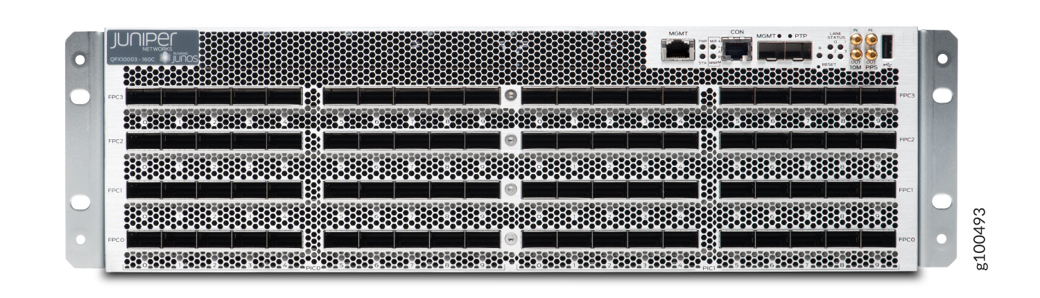 Juniper Networks QFX10003-160C switch with high-speed ports, management interfaces, status indicators, and cooling grille.