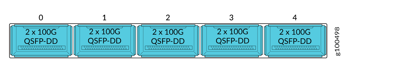 Row of five QSFP-DD ports labeled 2 x 100G, supporting up to 200 Gbps per port, with identifiers 0 to 4.