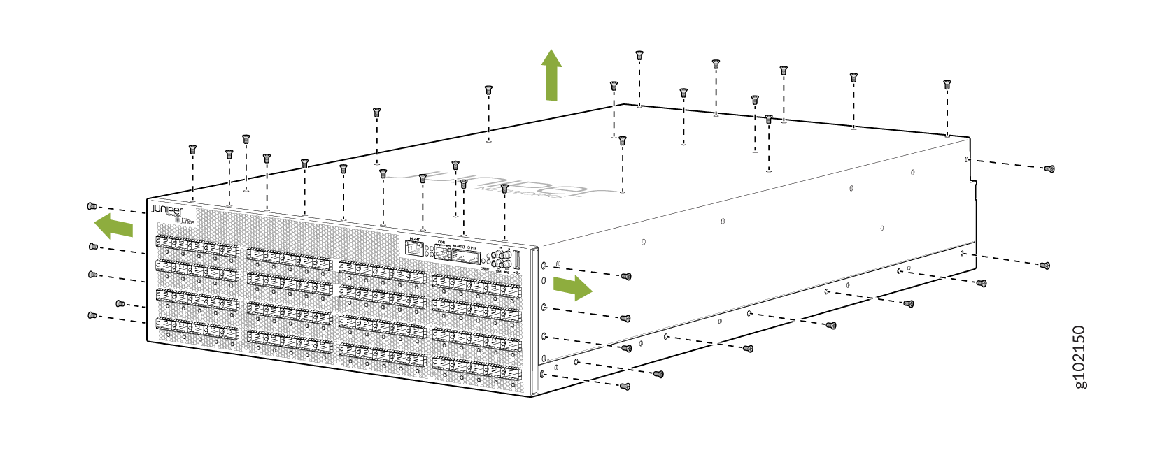 Juniper Networks device front panel with ports and arrows indicating screw removal directions for disassembly.