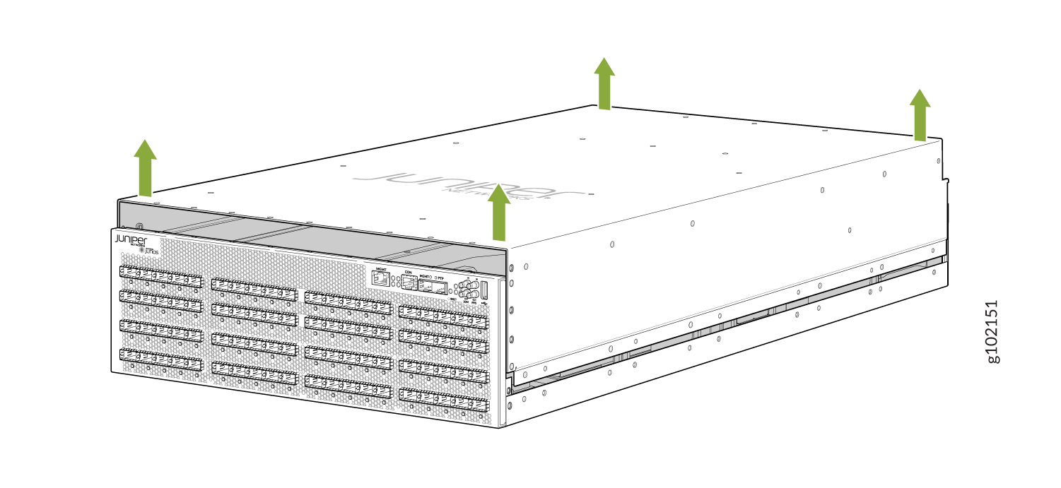 Juniper Networks device with Junos, network switch or router, front panel ports, green arrows indicating airflow direction.