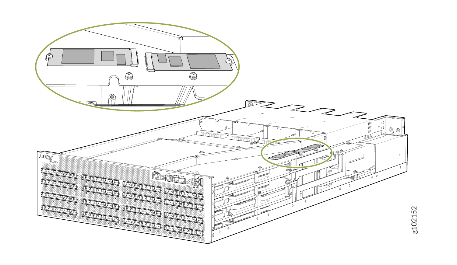 Juniper Networks device with front panel ports and internal view highlighting a specific component module.