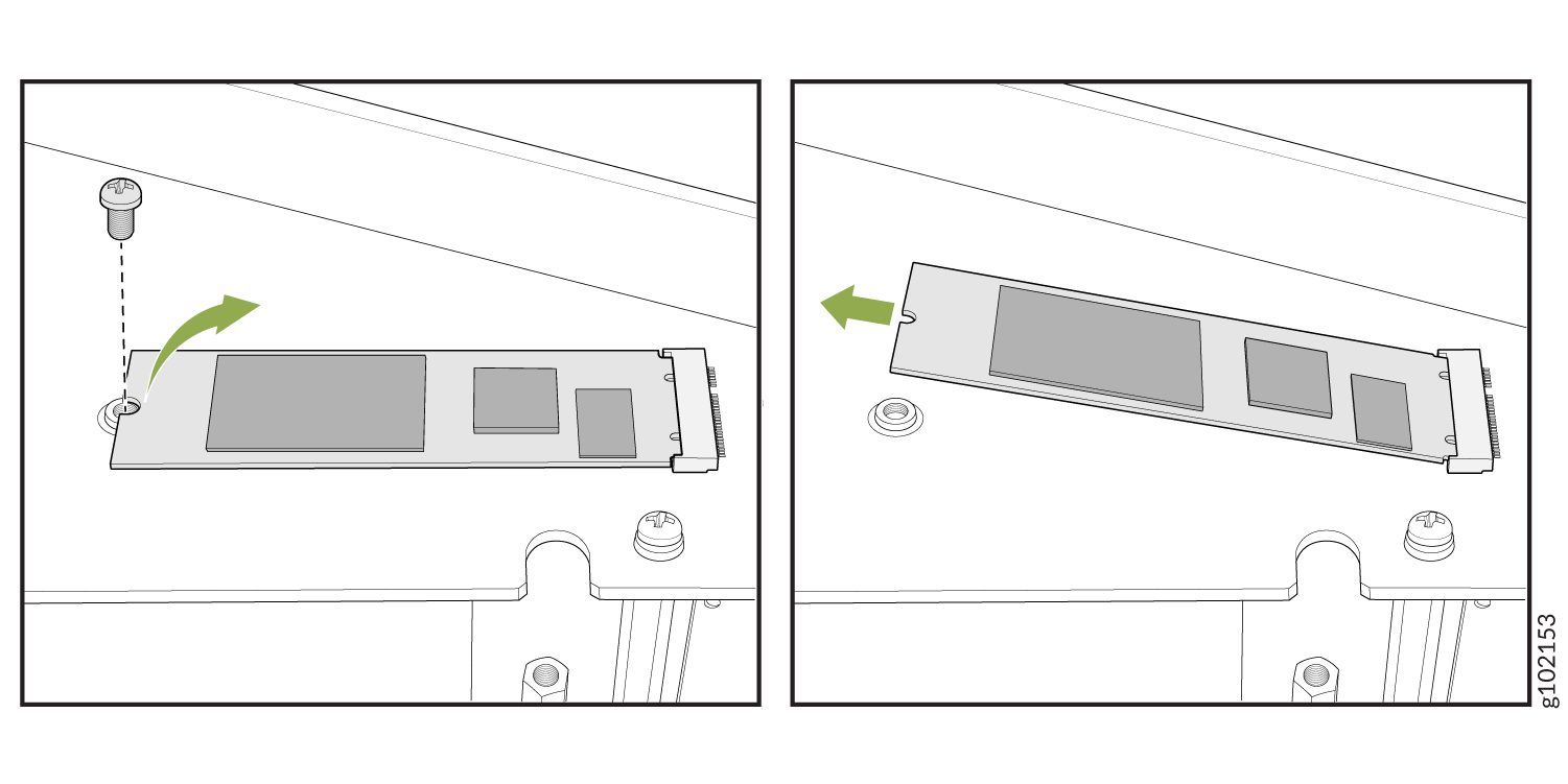 Two-panel illustration showing M.2 SSD installation and removal. Left: SSD secured with screw. Right: SSD slid out of slot.