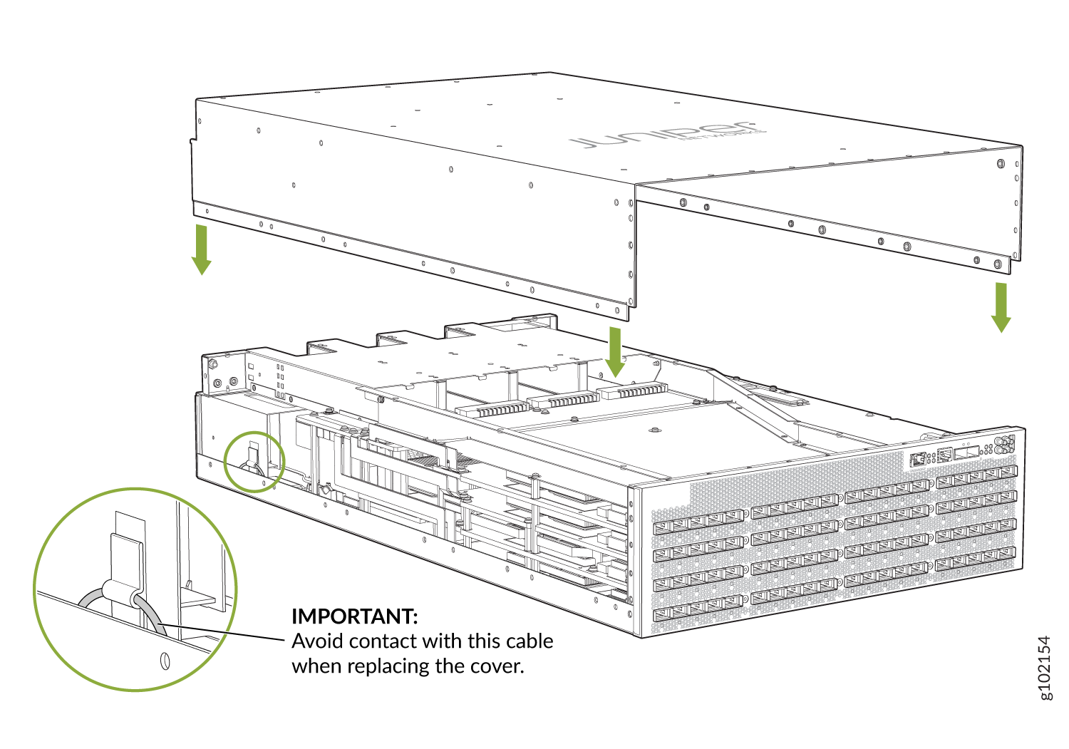 Juniper Networks device cover removal guide with arrows showing direction. Highlighted cable warning: Avoid contact during cover replacement.