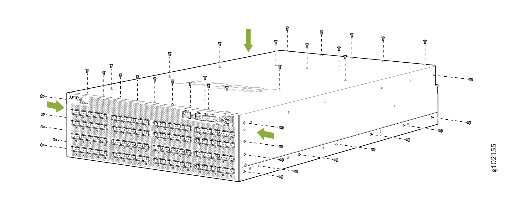 Juniper Networks device front panel with ports and arrows indicating assembly instructions.