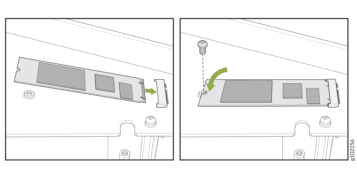 Installing an M.2 SSD: Align SSD with M.2 slot on motherboard, insert, then secure with screw. Green arrows show direction.