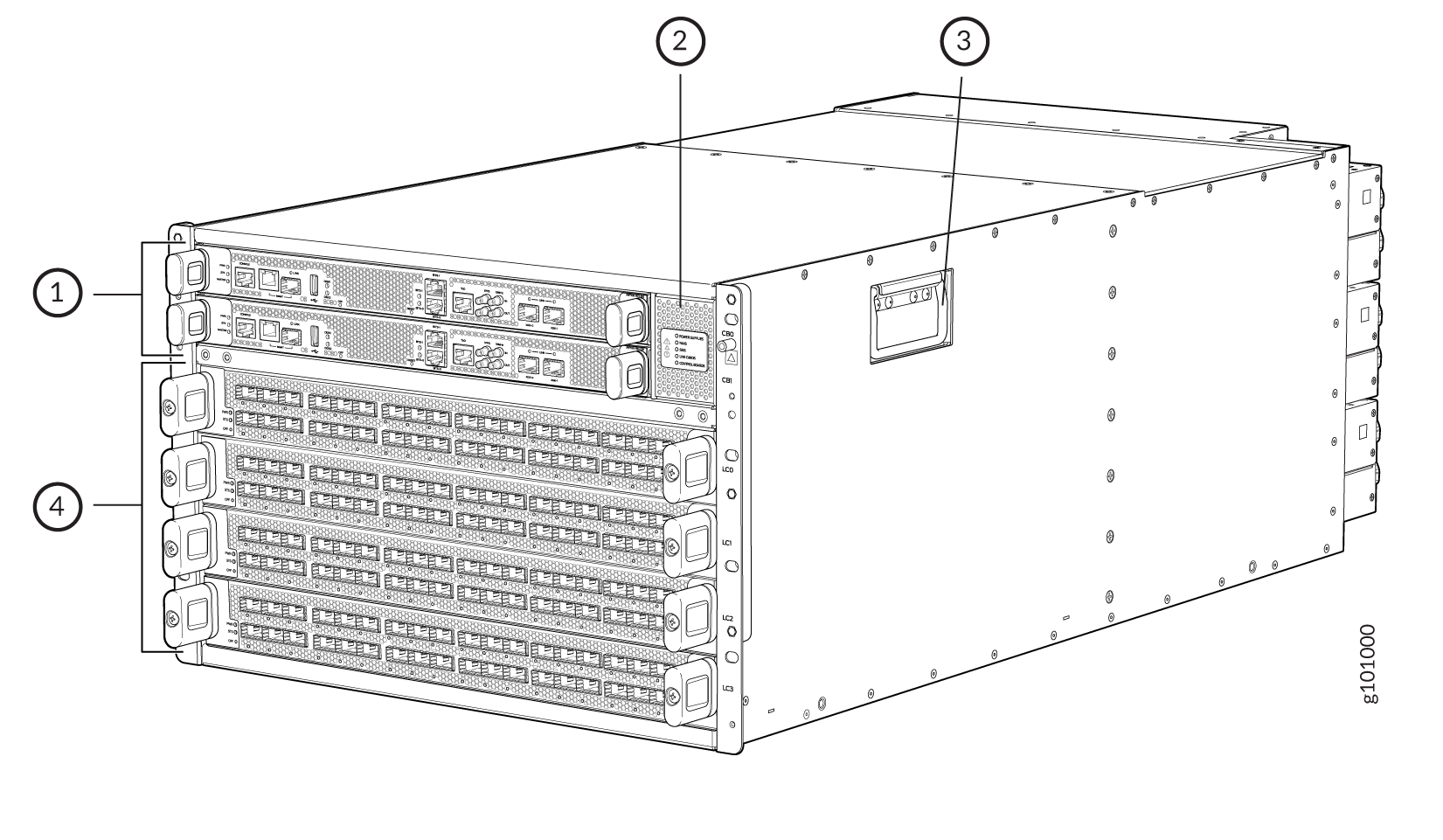 Technical illustration of a network switch with labeled components including front panel ports and slots, top cover, and side handle.