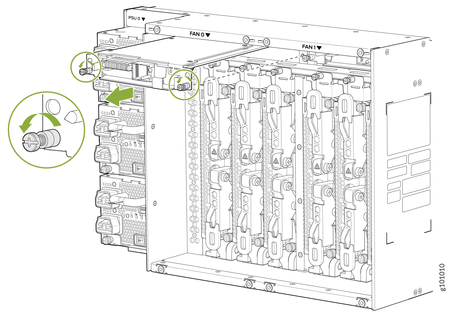 Technical diagram of server chassis showing blade slots, PSU, and fans. Green arrows guide on screw rotation for component maintenance.