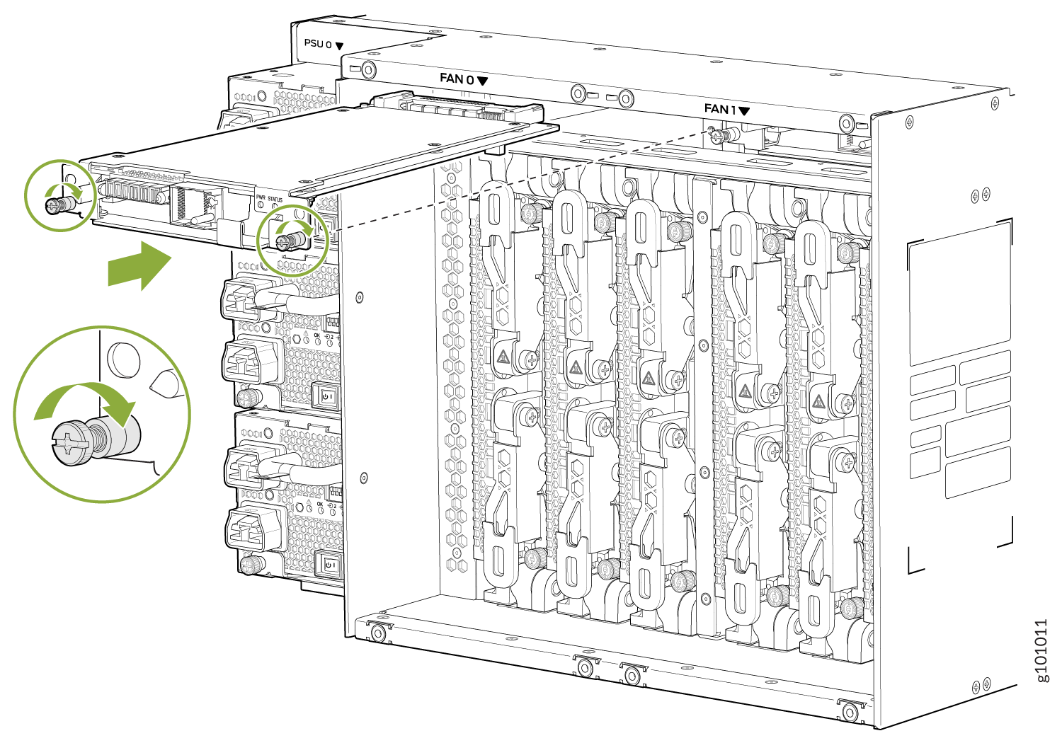 Technical illustration of a server chassis showing modular design with multiple slots for components. Focus on connection and securing mechanism.