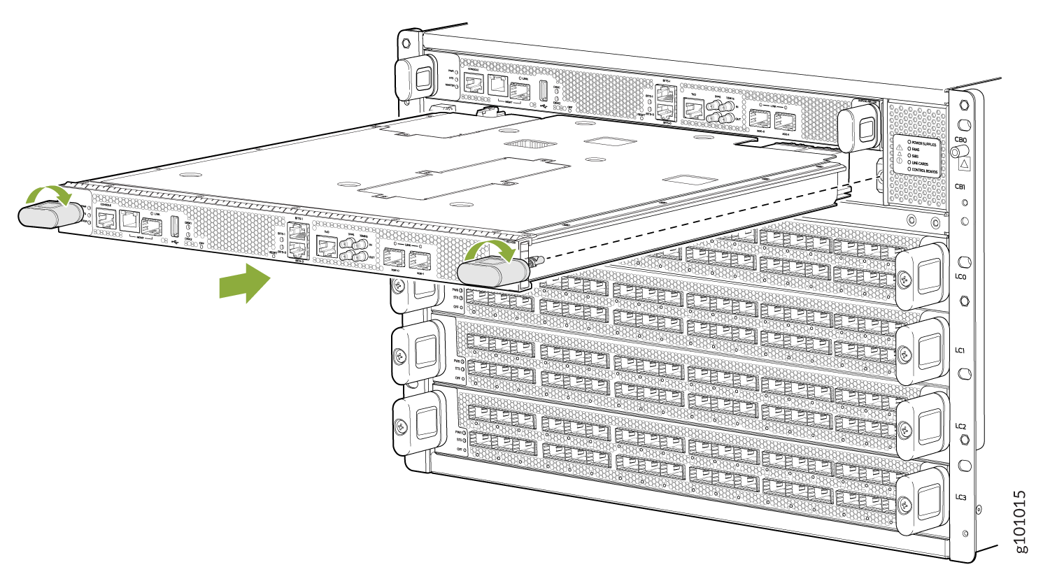 Modular network device illustration showing how to install or remove a module from a chassis using green arrows to indicate locking steps.