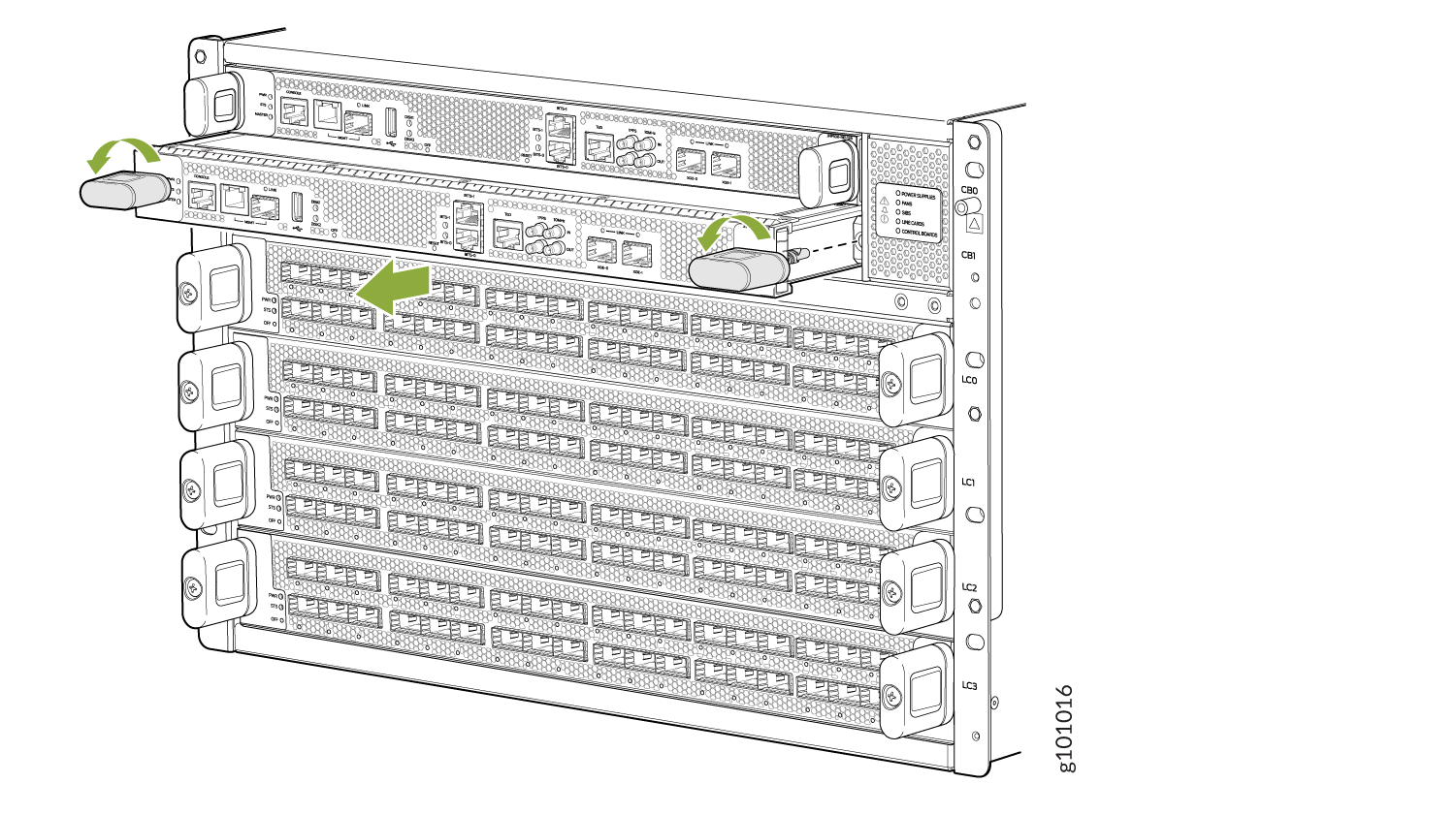Technical illustration of a network equipment rack with modules and blades, highlighting removable components with green arrows for installation actions.
