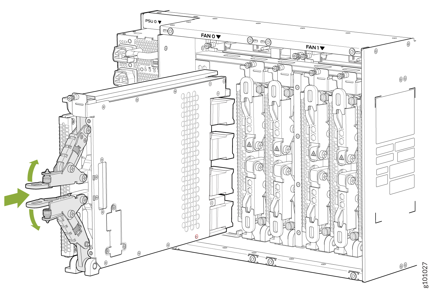 Modular hardware system showing open chassis with slots for modules. Green arrows indicate panel movement. Labels PSU 0 and FAN 0 are visible.