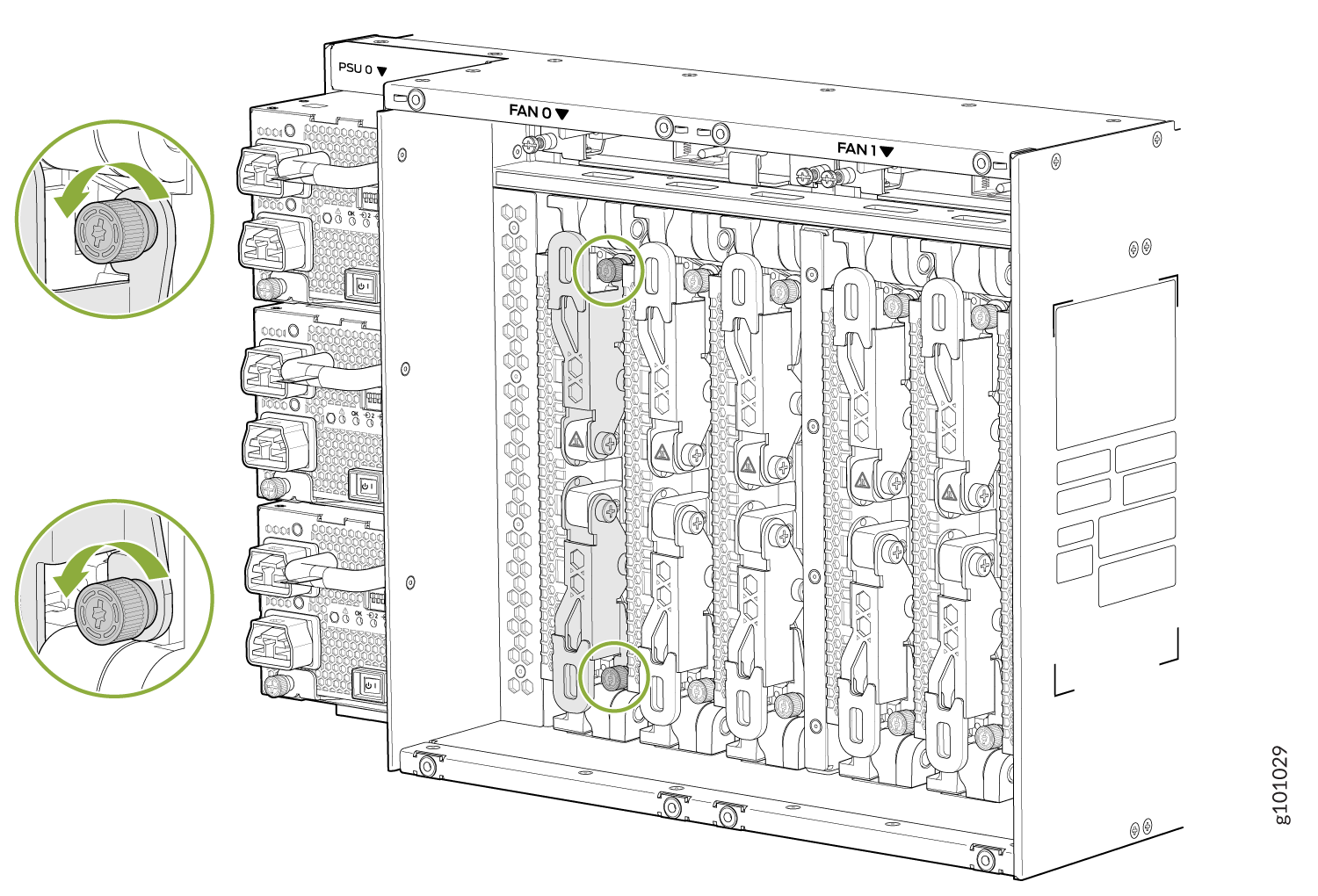 Rear view diagram of a server chassis with PSUs, fans, and blade modules. Green circles highlight screws with instructions for securing or removing components.