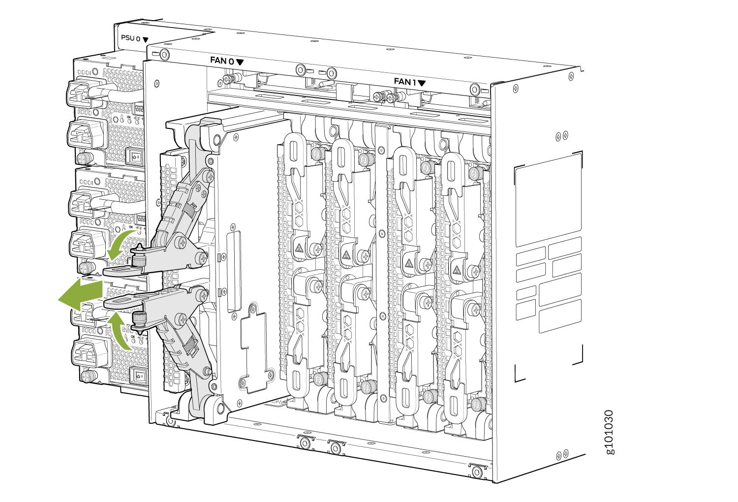 Technical illustration of a modular hardware system chassis showing hot-swappable power supplies and cooling fans with green arrows indicating component removal or insertion.