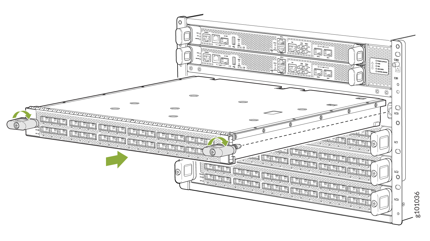 Network switch being installed or removed from rack-mounted chassis with green arrows showing movement direction and handle rotation.