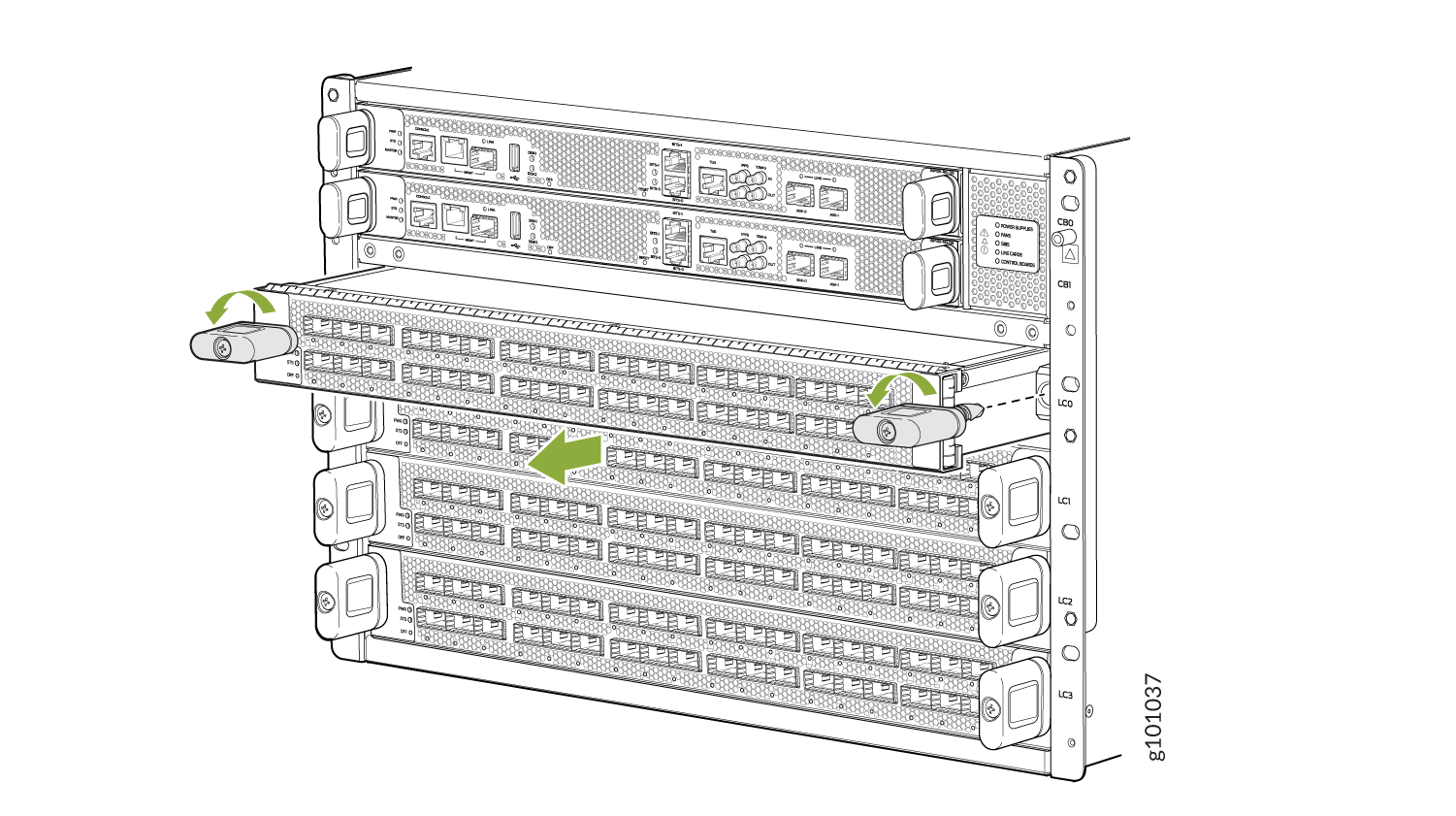 Technical illustration of a network switch being installed or removed from a server rack with green arrows indicating movement direction.