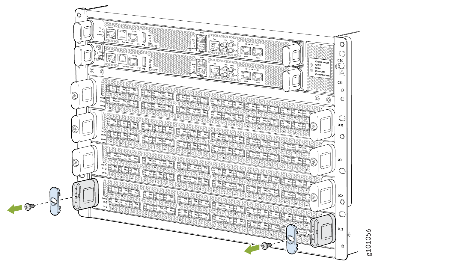 Technical diagram of a network switch chassis with line cards, control modules, and port rows. Locking mechanism with screws and latches illustrated.