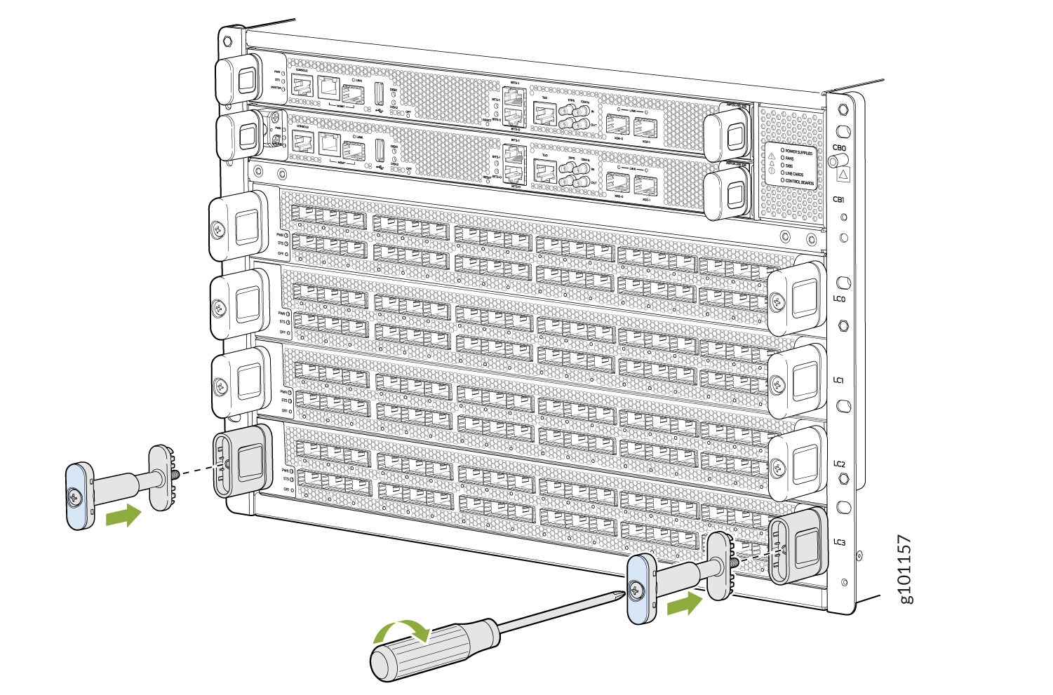 Network switch installation in rack: device with ports, rack ears, screws, screwdriver, and green arrows indicating installation steps.