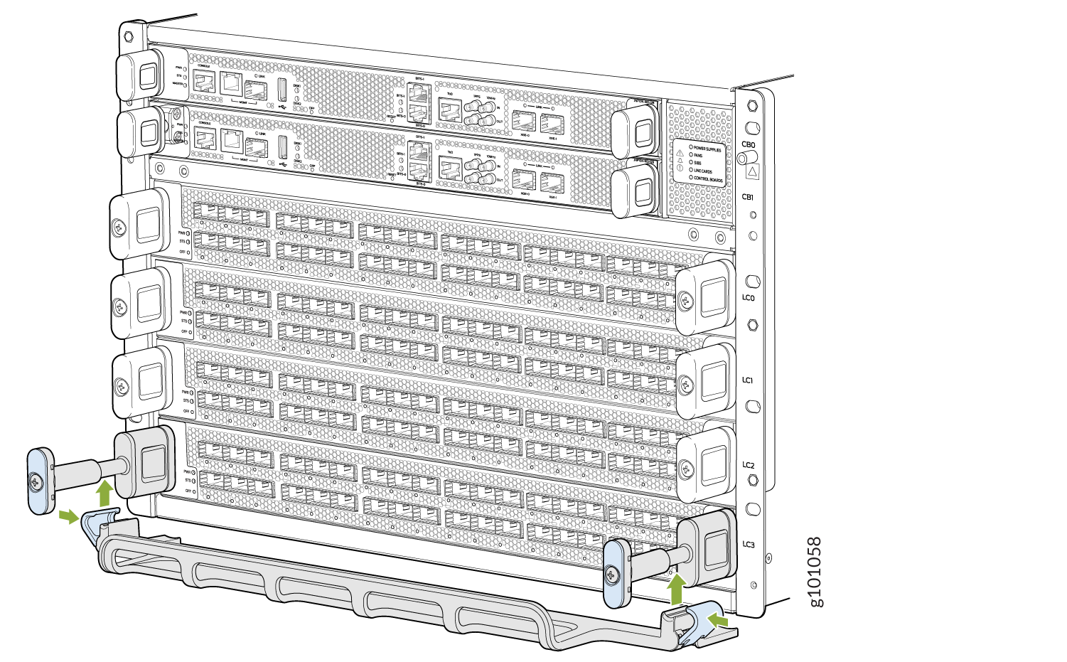 Technical illustration of a network switch chassis with slots for line cards and power supplies, showing installation instructions.