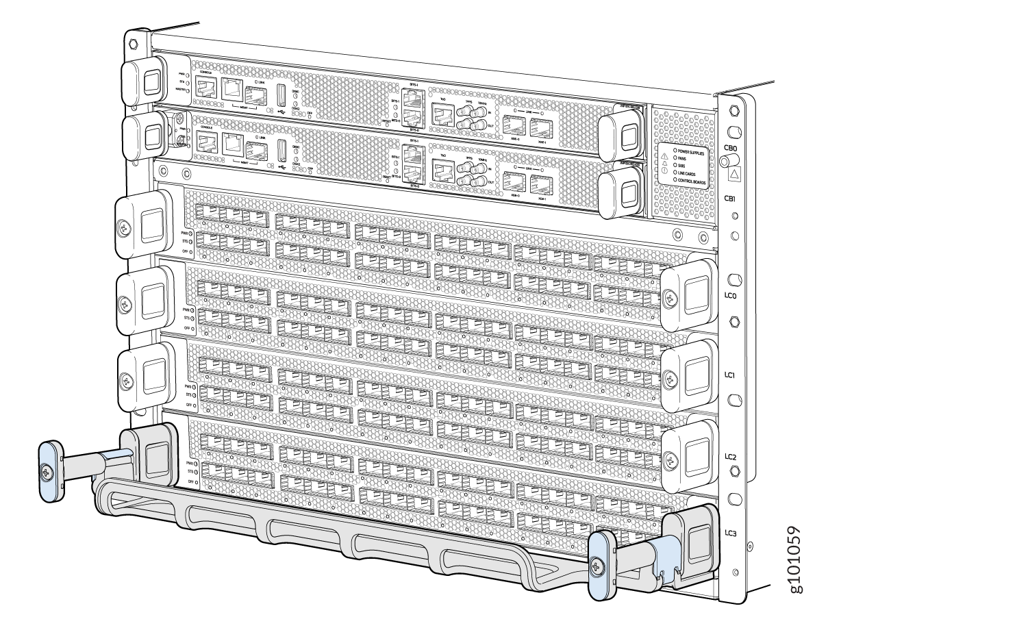 Technical illustration of a network switch with slots for line cards and management modules.
