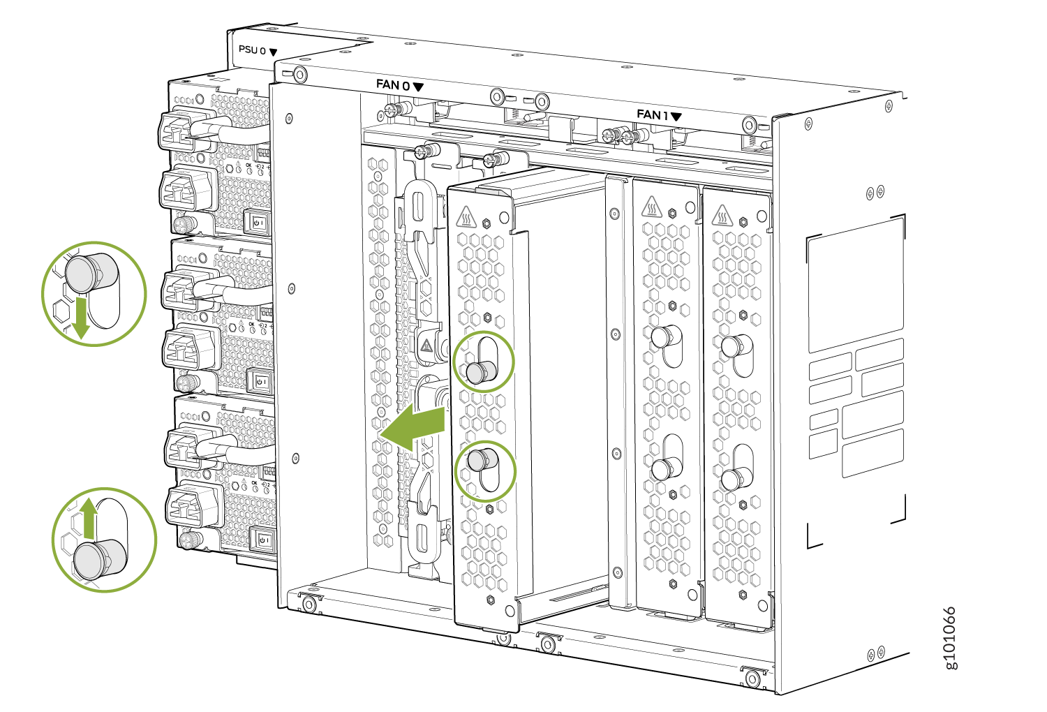 Technical illustration of server chassis showing how to remove or install PSU and fan modules with labeled areas PSU 0, FAN 0, FAN 1, and green arrows indicating actions.