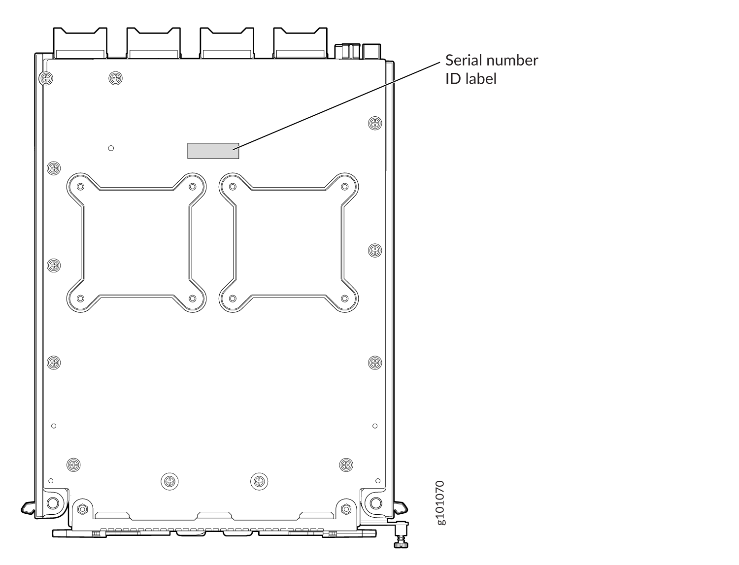 Top view technical drawing of electronic device with a label for Serial number ID location and schematic details for assembly.