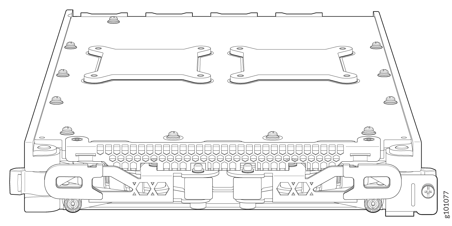 Technical drawing of a server hard drive with front view, connectors, mounting brackets, hexagonal ventilation pattern, and handles for removal.
