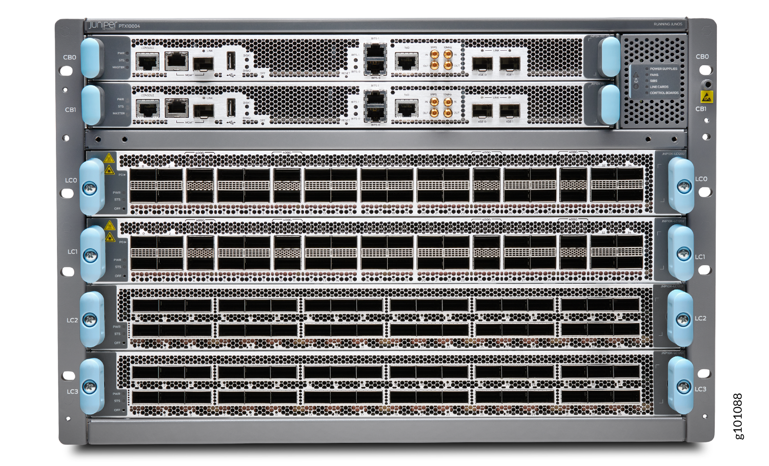 Juniper Networks PTX10004 Packet Transport Router, high-performance device for large-scale routing and switching in data centers.