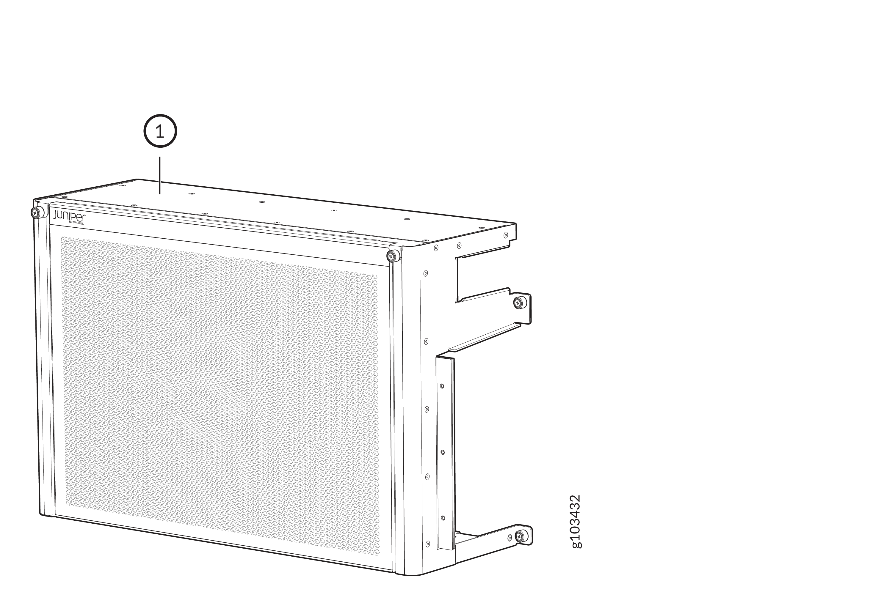 Rack-mounted device from Juniper Networks with a perforated front panel and labeled section number 1.