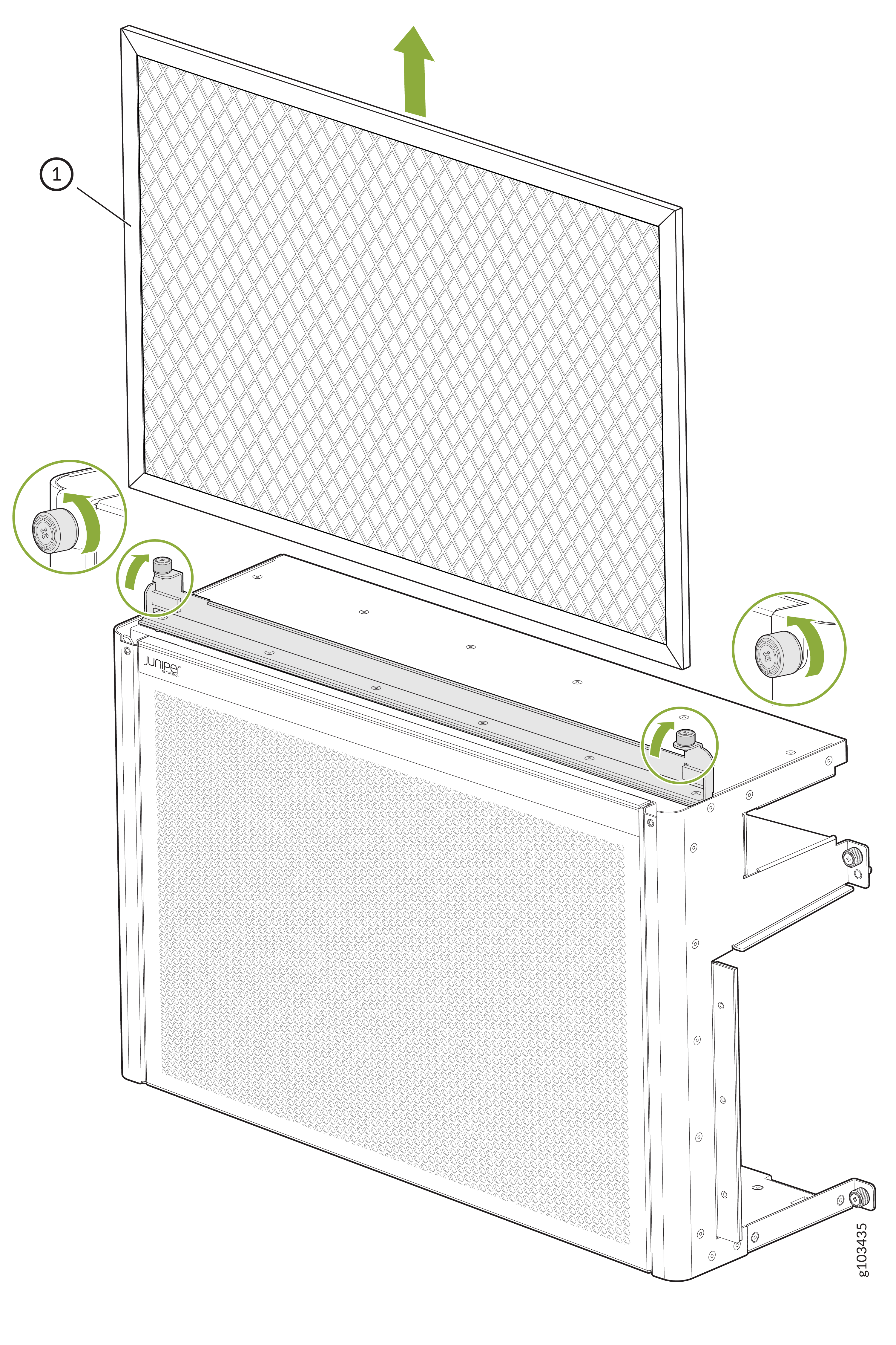 Removing a rectangular filter from an air purifier with close-ups of turning screws to secure it.