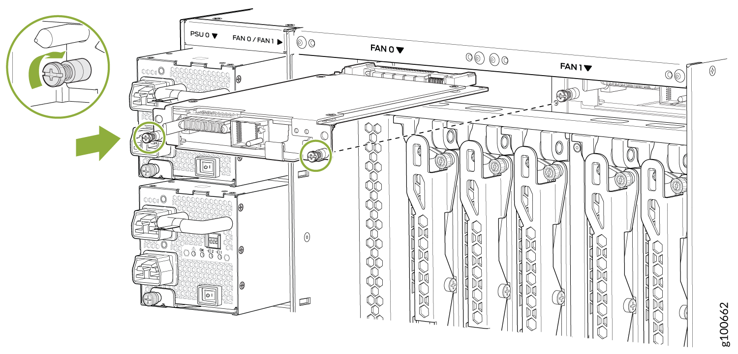 Illustration showing installation or removal process of a server module with green circles and arrows highlighting screws or latches.