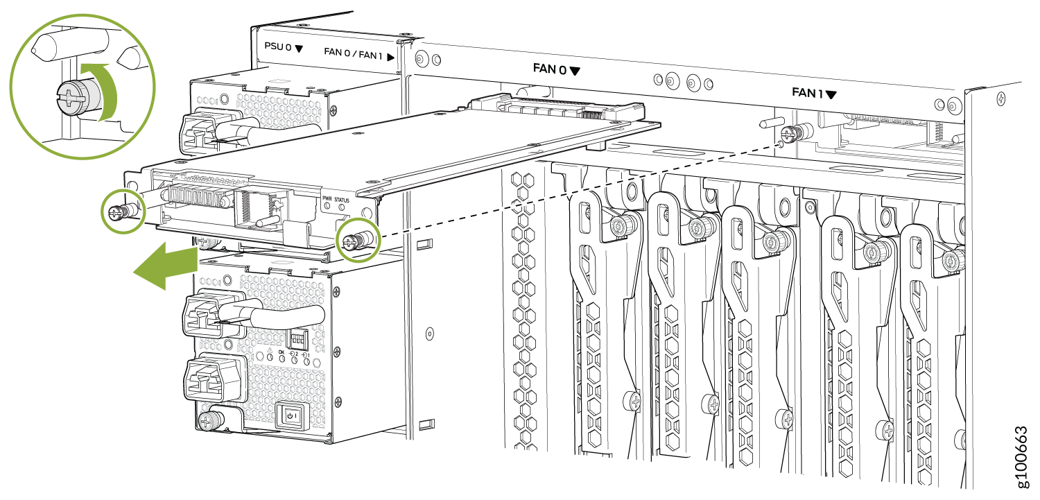 Installing or removing a power supply unit from a network chassis, highlighting screws, connectors, and locking mechanisms.