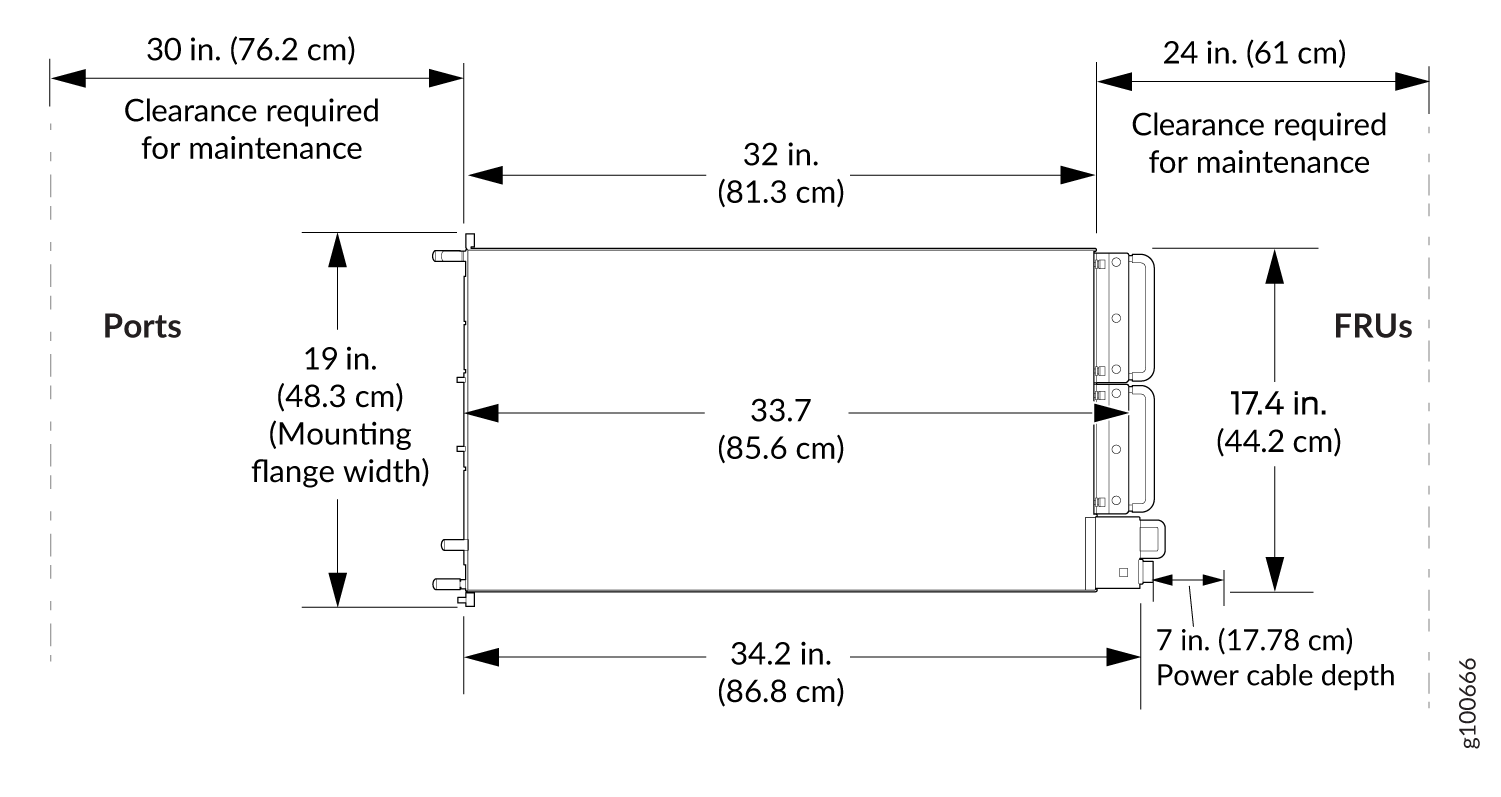 Clearance Requirements for Airflow and Hardware Maintenance for a PTX10008 with JNP10008-FAN2 or JNP10008-FAN3