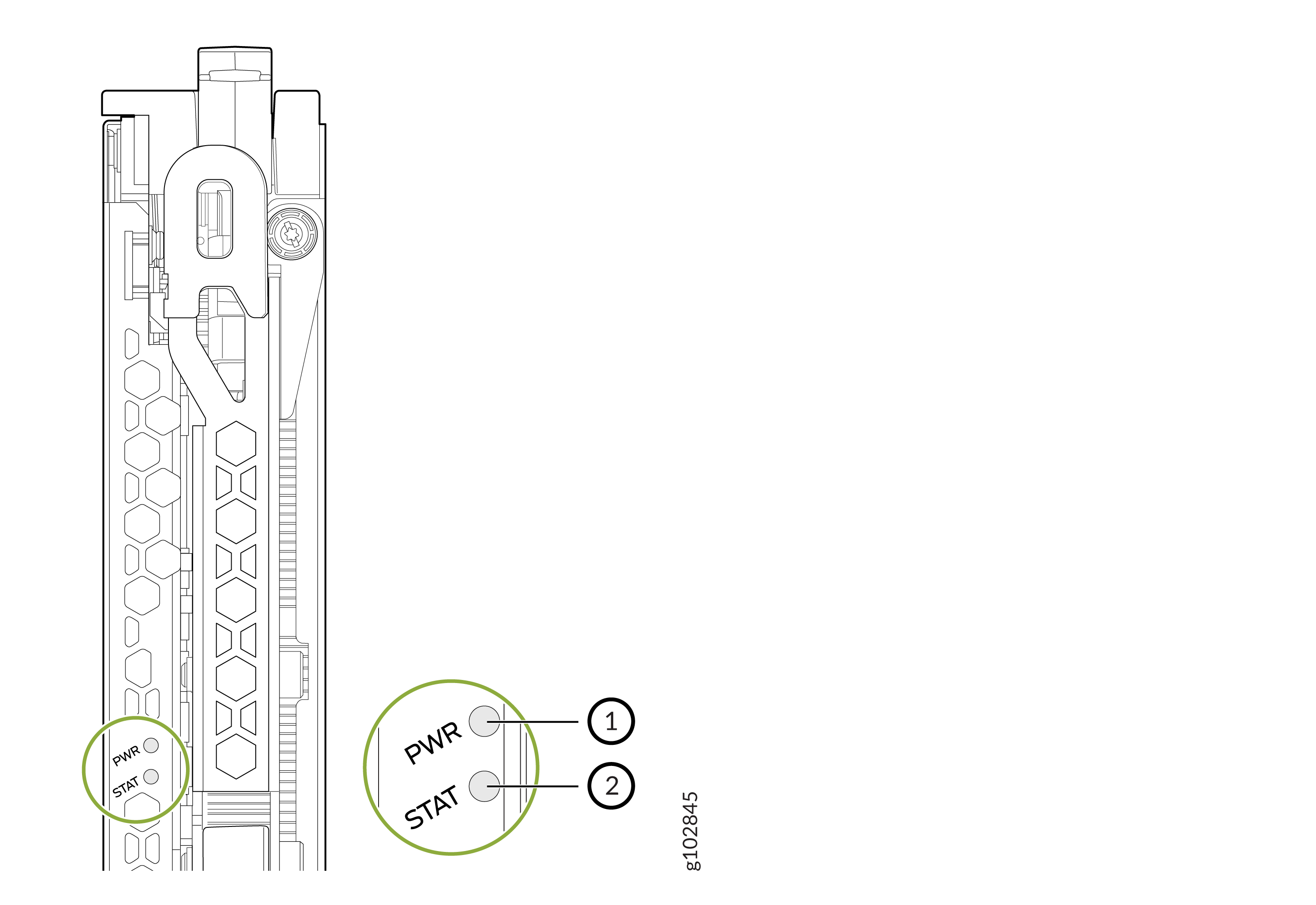 Technical diagram of a device with honeycomb pattern, highlighting indicators PWR Power and STAT Status with numbered callouts.