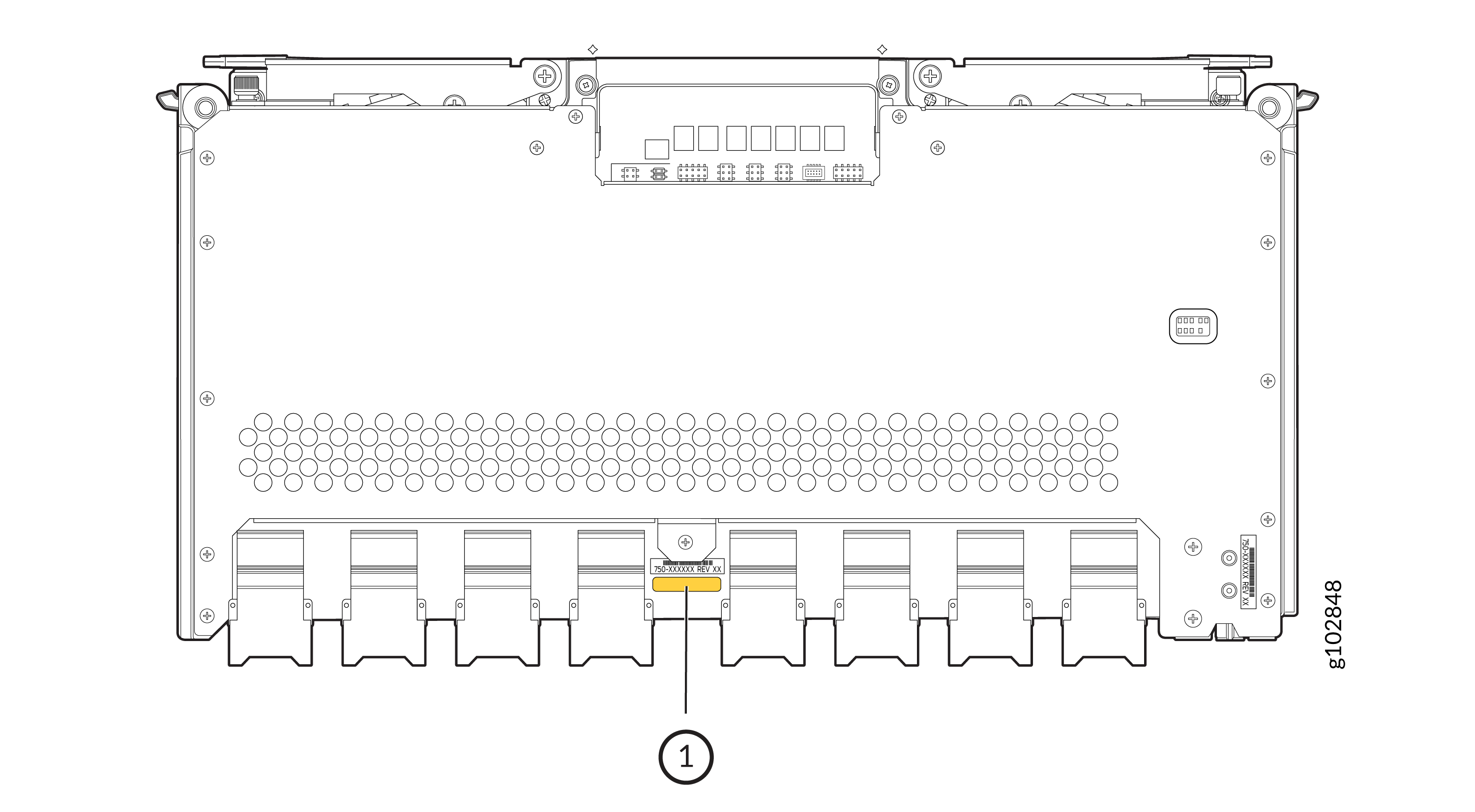 Rear view of a server or networking device showing ports, connectors, ventilation holes, and mounting points. Highlighted section 1 indicates a label for identification.
