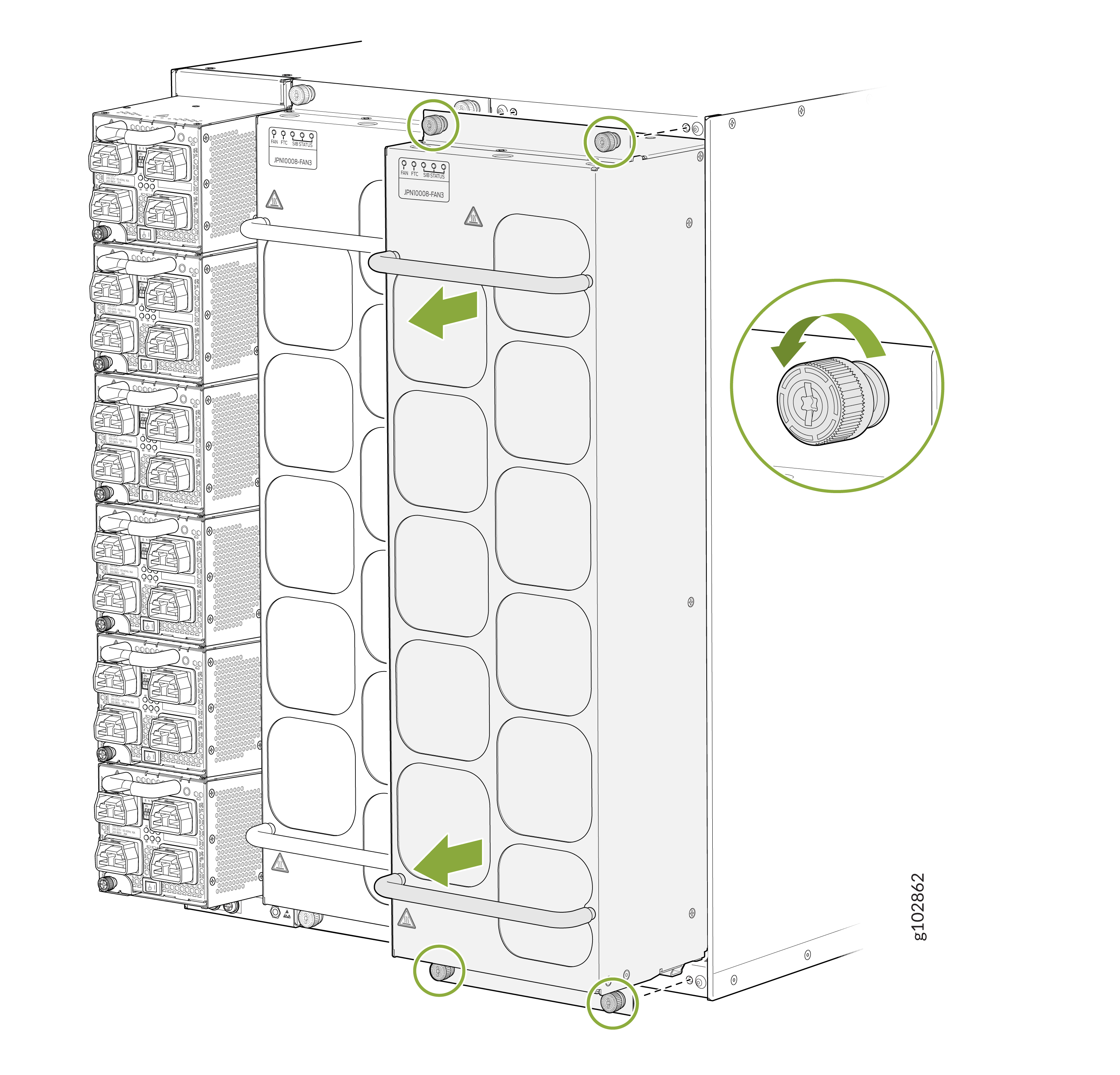 Technical illustration of a modular electronic system with green arrows highlighting actions like turning knobs and removing modules.