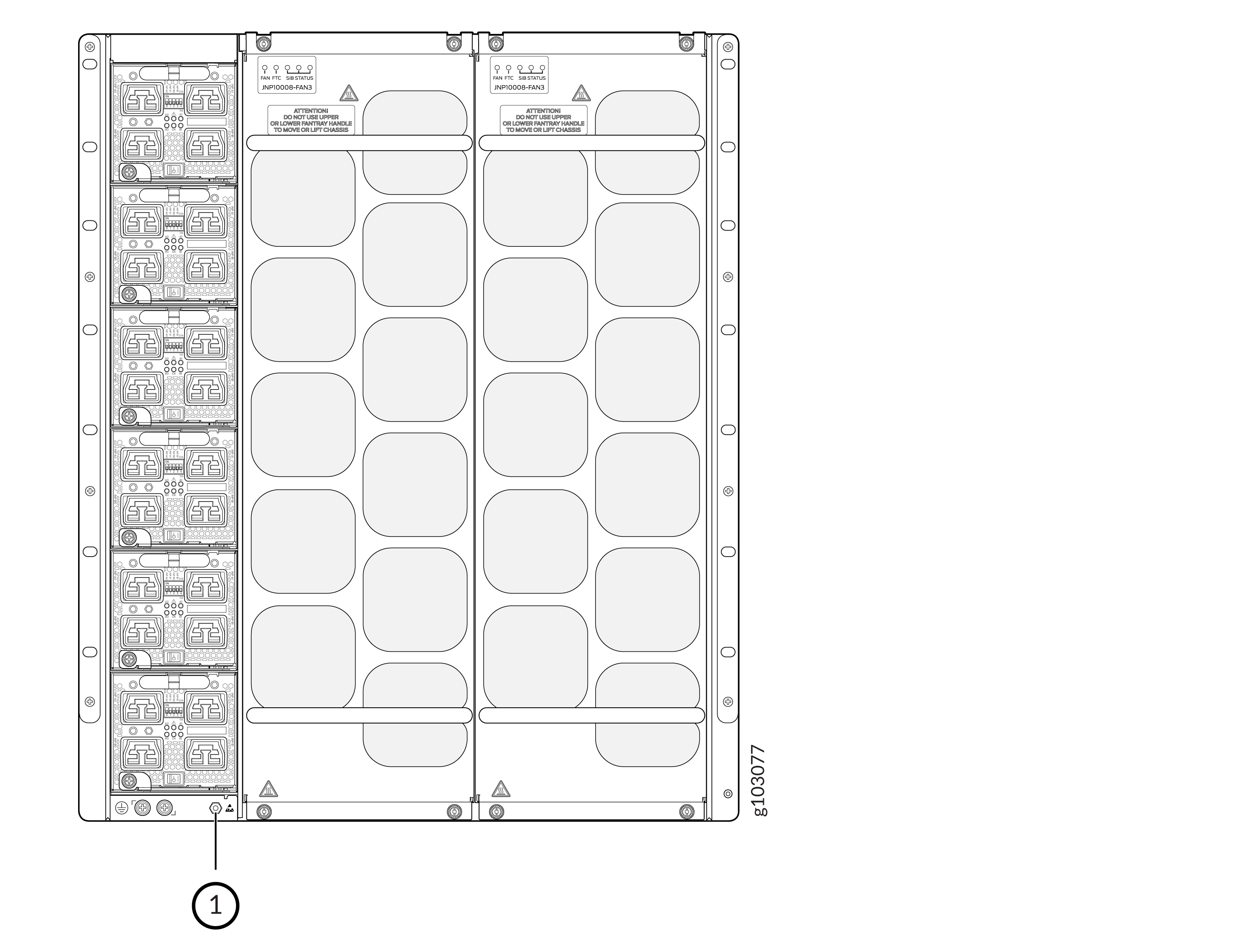 Technical diagram of a server with modular components like power supplies on the left and storage drives on the right.