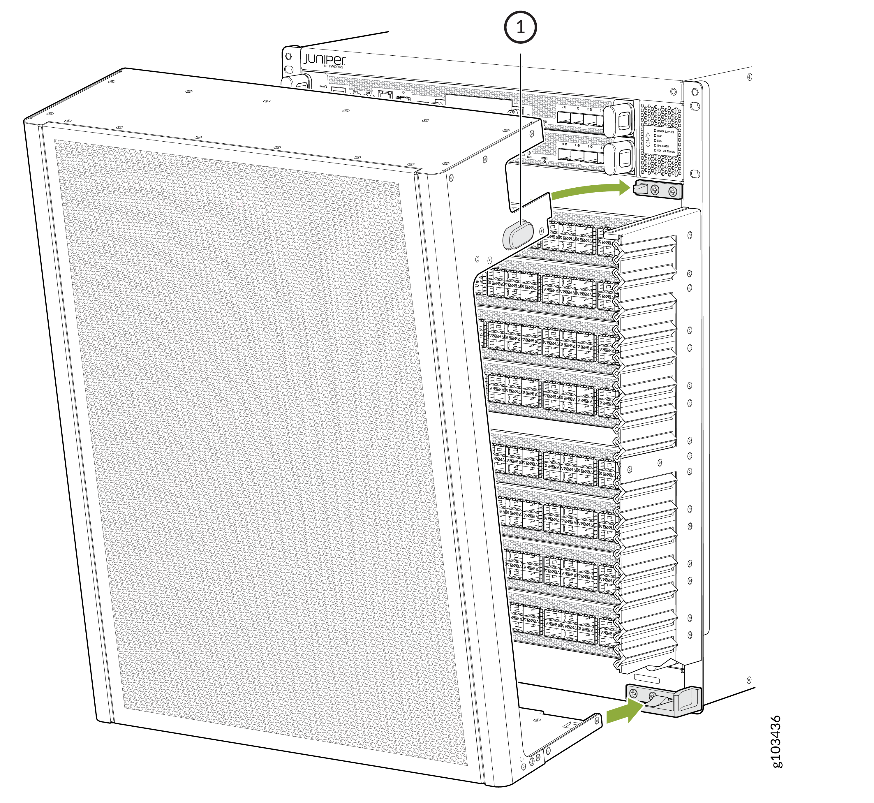 Juniper Networks device front panel with labeled slots and arrows showing component installation or removal steps.