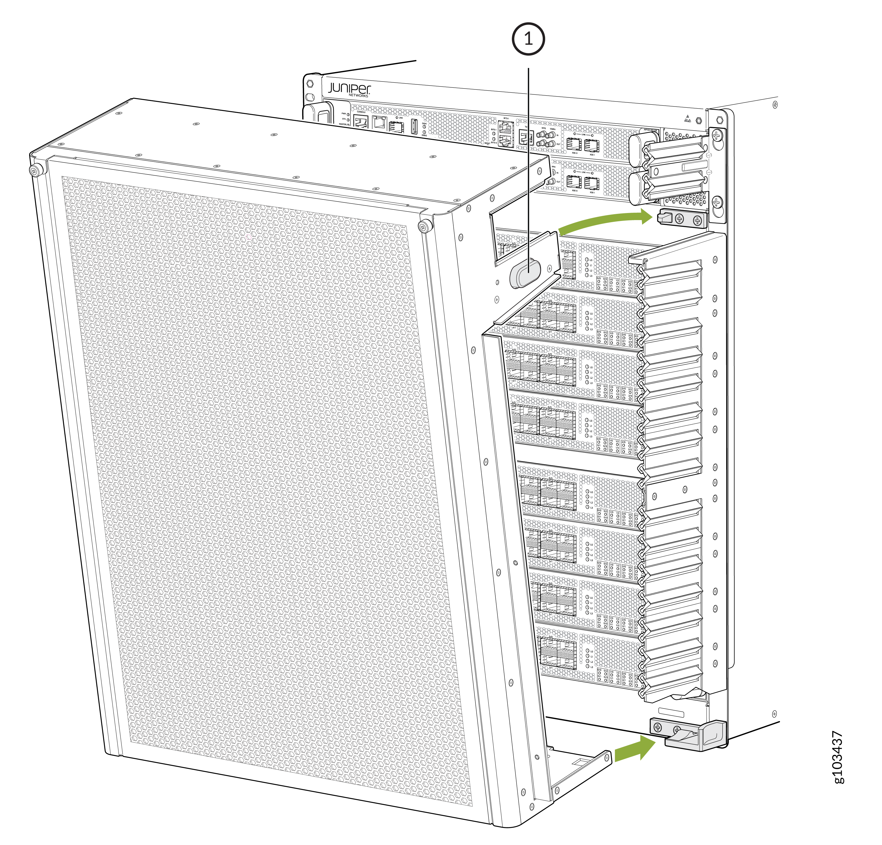 Technical illustration of a Juniper Networks device front panel showing module slots, cooling mechanisms, connectors, and green arrows for component installation guidance.